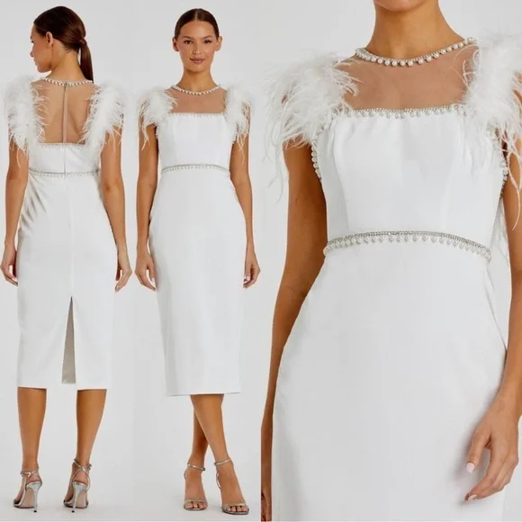 NWOT MAC DUGGAL FEATHER CAP SLEEVE PEARL EMBELLISHED T-LENGTH FIT DRESS sz 6 - Picture 4 of 11